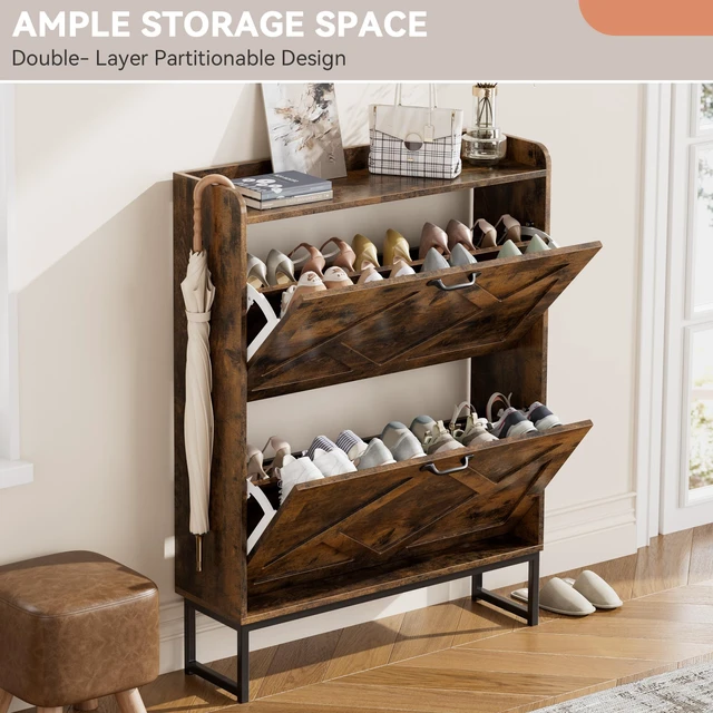 Alt view image 4 of 7 - Shoe Storage Cabinet with 2 Flip Drawers, Freestanding Wood Shoe Organizer with Metal Legs, Farmhouse Slim Shoe Rack for Entryway, Foyer, Hallway, Rustic Brown