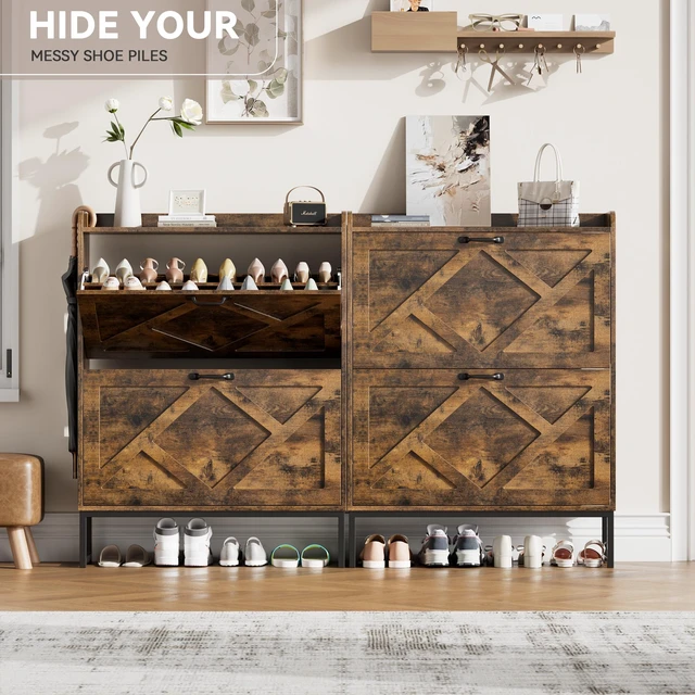 Alt view image 5 of 7 - Shoe Storage Cabinet with 2 Flip Drawers, Freestanding Wood Shoe Organizer with Metal Legs, Farmhouse Slim Shoe Rack for Entryway, Foyer, Hallway, Rustic Brown