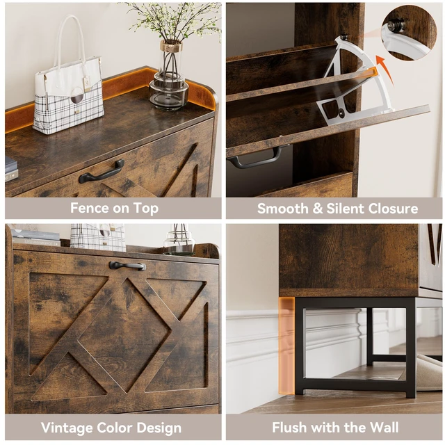 Alt view image 6 of 7 - Shoe Storage Cabinet with 2 Flip Drawers, Freestanding Wood Shoe Organizer with Metal Legs, Farmhouse Slim Shoe Rack for Entryway, Foyer, Hallway, Rustic Brown