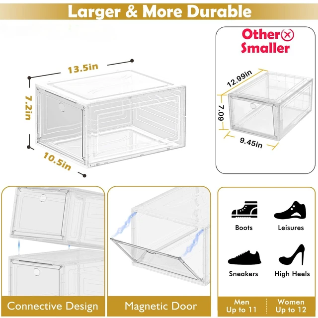 Alt view image 3 of 6 - Large Thick Clear Shoe Organizer, Magnetic Door Stackable Shoe Storage Box | Foldable Shoe Storage Boxes for Sneakers & Boots, Space-Saving Closet Shoe Cabinet with Clear Magnetic Door, 9 Pack White