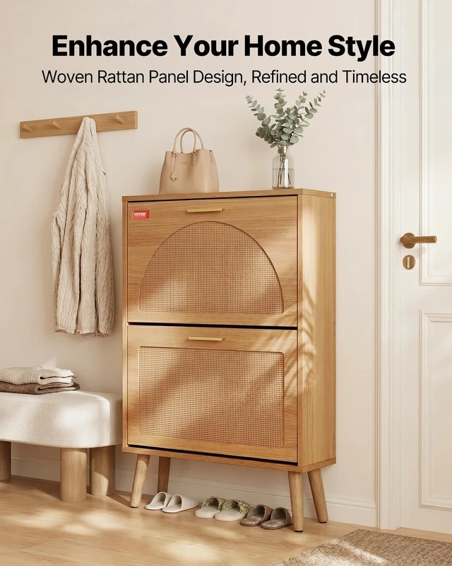 Alt view image 2 of 7 - Shoe Cabinet with 2 Flip Drawers, Shoe Storage Cabinet for Entryway, Free Standing Shoe Storage Organizer with Rattan Doors for Heels, Boots, Slippers in Hallway, Living Room