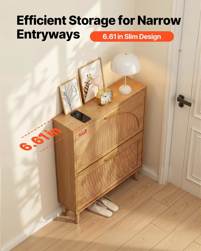 Alt view image 3 of 7 - Shoe Cabinet with 2 Flip Drawers, Shoe Storage Cabinet for Entryway, Free Standing Shoe Storage Organizer with Rattan Doors for Heels, Boots, Slippers in Hallway, Living Room