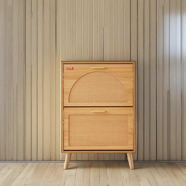 Alt view image 5 of 7 - Shoe Cabinet with 2 Flip Drawers, Shoe Storage Cabinet for Entryway, Free Standing Shoe Storage Organizer with Rattan Doors for Heels, Boots, Slippers in Hallway, Living Room