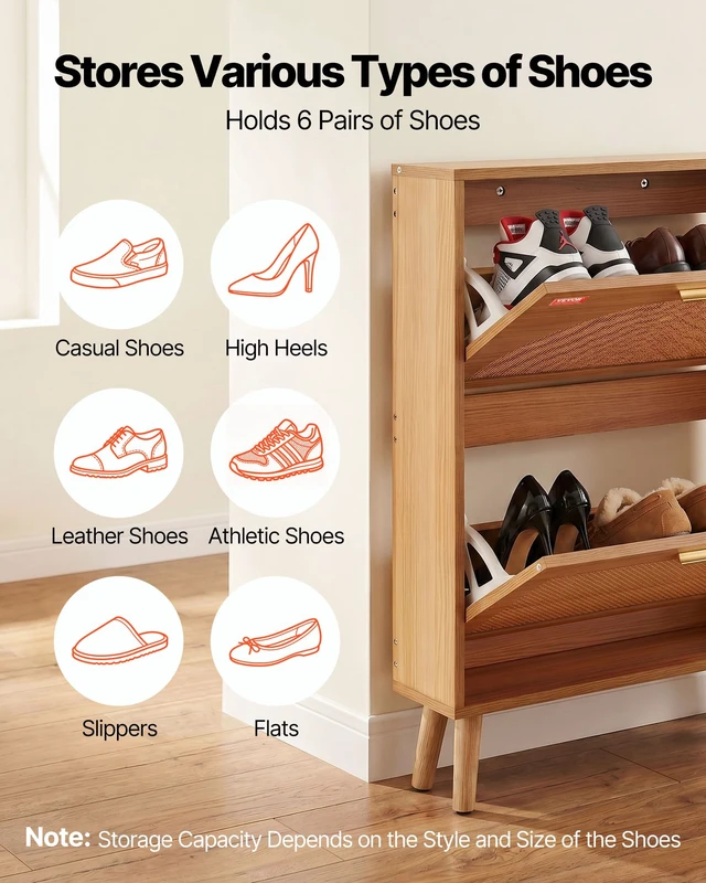 Alt view image 4 of 7 - Shoe Cabinet with 2 Flip Drawers, Shoe Storage Cabinet for Entryway, Free Standing Shoe Storage Organizer with Rattan Doors for Heels, Boots, Slippers in Hallway, Living Room