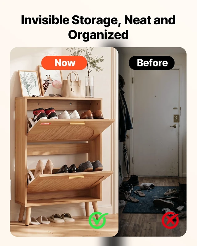 Alt view image 6 of 7 - Shoe Cabinet with 2 Flip Drawers, Shoe Storage Cabinet for Entryway, Free Standing Shoe Storage Organizer with Rattan Doors for Heels, Boots, Slippers in Hallway, Living Room
