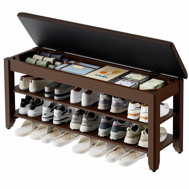 Main image of 39.4" Wide Solid Wood Shoe Rack Bench with Flip-Top Storage | 2-Tier Entryway Bench with Cushion, Adjustable Shelf, Holds Up to 10 Pairs, for Hallway, Bedroom and Closet, Walnut