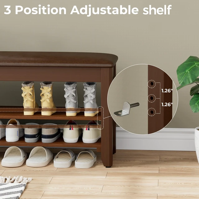 Alt view image 6 of 7 - 39.4" Wide Solid Wood Shoe Rack Bench with Flip-Top Storage | 2-Tier Entryway Bench with Cushion, Adjustable Shelf, Holds Up to 10 Pairs, for Hallway, Bedroom and Closet, Walnut