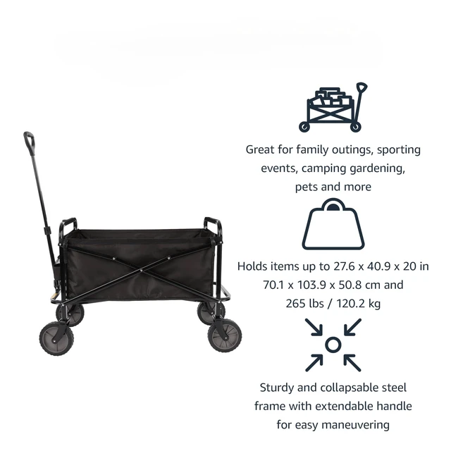 Alt view image 2 of 4 - Collapsible Heavy Duty Utility Wagon for Outdoor Sports, Camping, Garden, and Shopping, 265 Pounds Capacity, 27.6 x 40.9 x 20 inches, Black