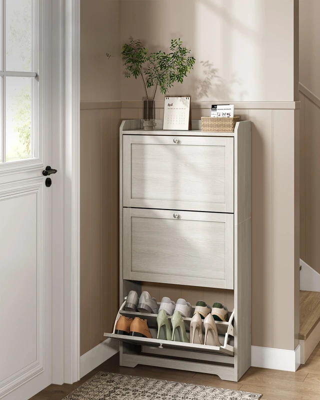 Alt view image 2 of 6 - Shoe Storage Cabinet with 3 Flip Drawers, Slim, Holds 1220 Pairs | Adjustable and Removable Dividers, Entryway, 9.4 x 23.6 x 47.7 Inches, Oatmeal, SIREN Collection ULBC036LN02S