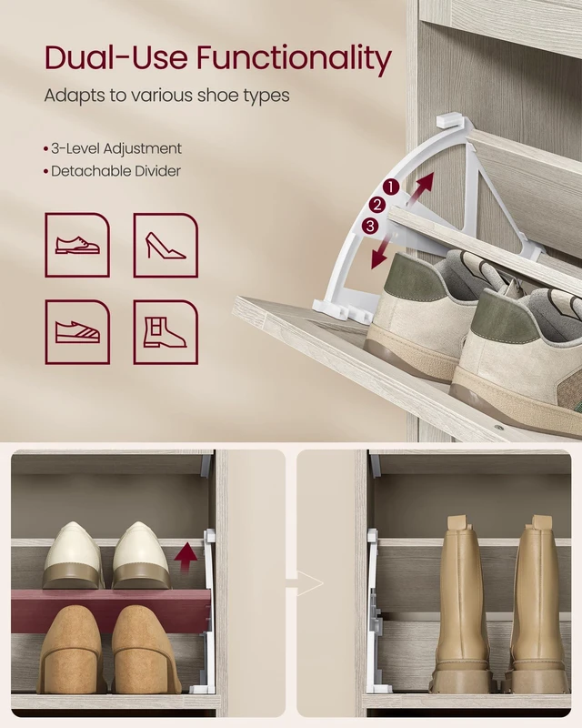 Alt view image 4 of 6 - Shoe Storage Cabinet with 3 Flip Drawers, Slim, Holds 1220 Pairs | Adjustable and Removable Dividers, Entryway, 9.4 x 23.6 x 47.7 Inches, Oatmeal, SIREN Collection ULBC036LN02S