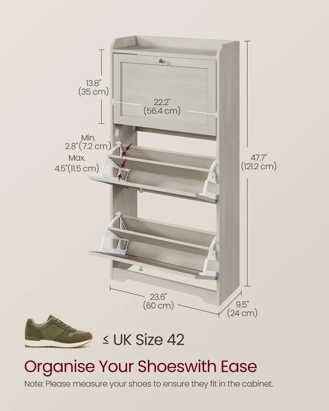 Alt view image 5 of 6 - Shoe Storage Cabinet with 3 Flip Drawers, Slim, Holds 1220 Pairs | Adjustable and Removable Dividers, Entryway, 9.4 x 23.6 x 47.7 Inches, Oatmeal, SIREN Collection ULBC036LN02S