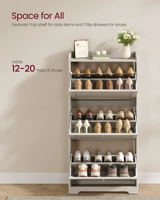 Alt view image 3 of 6 - Shoe Storage Cabinet with 3 Flip Drawers, Slim, Holds 1220 Pairs | Adjustable and Removable Dividers, Entryway, 9.4 x 23.6 x 47.7 Inches, Oatmeal, SIREN Collection ULBC036LN02S