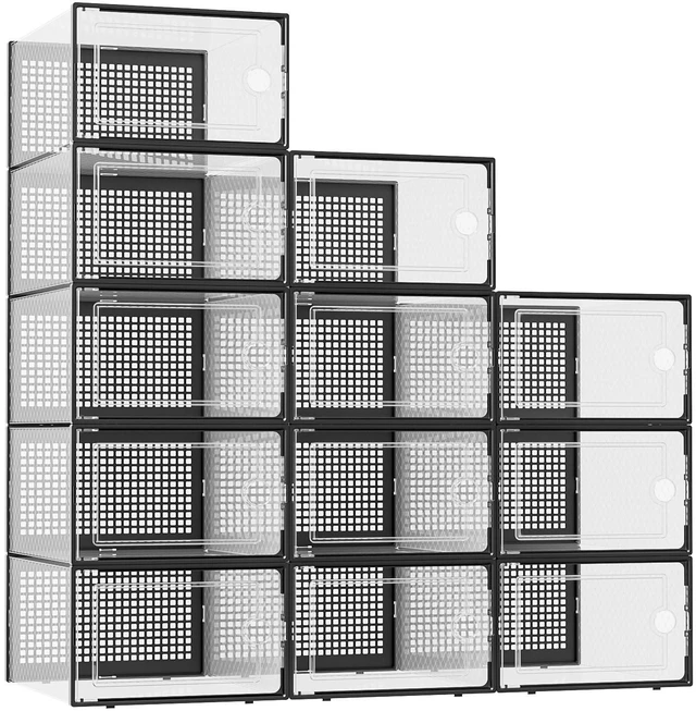 Main image of XX-Large Shoe Storage Boxes 12 Pack, Clear Stackable Shoe Organizer | Drop-Front Space-Saving Shoe Cases for Closet, Entryway & Under-Bed Storage, Family Organizer,Black