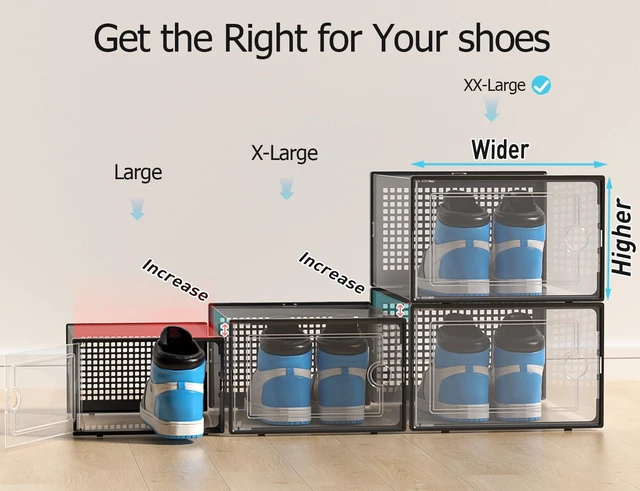 Alt view image 3 of 7 - XX-Large Shoe Storage Boxes 12 Pack, Clear Stackable Shoe Organizer | Drop-Front Space-Saving Shoe Cases for Closet, Entryway & Under-Bed Storage, Family Organizer,Black