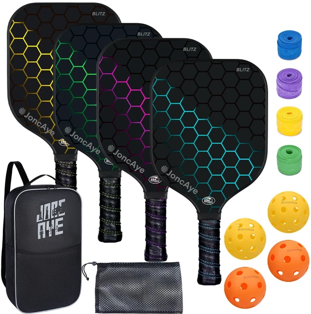 Main image of Pickleball Paddles Set of 4 USAPA Approved Fiberglass Rackets | 4 Outdoor Indoor Balls, Racquet Bag, Overgrip Tape, Accessories for Beginners, Adults, Men, Women & Family Pickle Ball Set