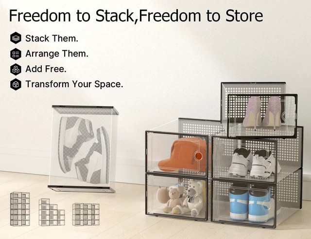 Alt view image 7 of 7 - XX-Large Shoe Storage Boxes 12 Pack, Clear Stackable Shoe Organizer | Drop-Front Space-Saving Shoe Cases for Closet, Entryway & Under-Bed Storage, Family Organizer,Black
