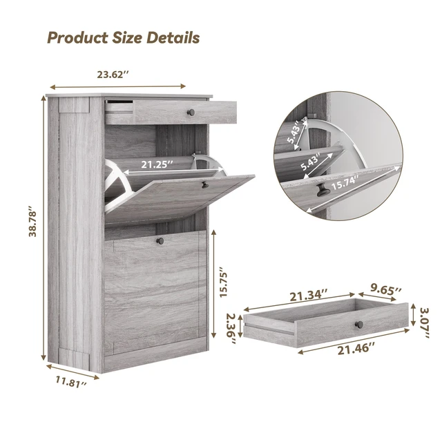 Alt view image 2 of 7 - Shoe Rack Cabinet 2 Flip Drawers, Entryway Shoe Storage, Wash Grey | Narrow Shoe Cabinet Organizer with Top Drawer, Freestanding Hidden Shoe Organizer for Entryway , Hallway, Foyer