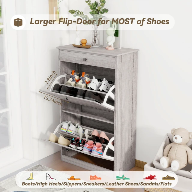 Alt view image 7 of 7 - Shoe Rack Cabinet 2 Flip Drawers, Entryway Shoe Storage, Wash Grey | Narrow Shoe Cabinet Organizer with Top Drawer, Freestanding Hidden Shoe Organizer for Entryway , Hallway, Foyer