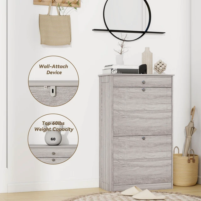 Alt view image 4 of 7 - Shoe Rack Cabinet 2 Flip Drawers, Entryway Shoe Storage, Wash Grey | Narrow Shoe Cabinet Organizer with Top Drawer, Freestanding Hidden Shoe Organizer for Entryway , Hallway, Foyer