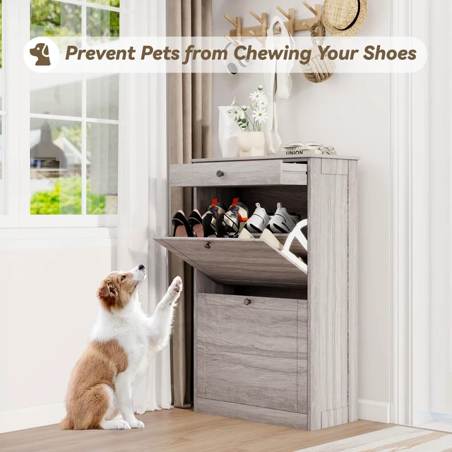 Alt view image 6 of 7 - Shoe Rack Cabinet 2 Flip Drawers, Entryway Shoe Storage, Wash Grey | Narrow Shoe Cabinet Organizer with Top Drawer, Freestanding Hidden Shoe Organizer for Entryway , Hallway, Foyer