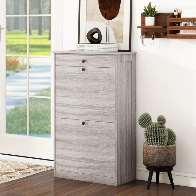 Alt view image 3 of 7 - Shoe Rack Cabinet 2 Flip Drawers, Entryway Shoe Storage, Wash Grey | Narrow Shoe Cabinet Organizer with Top Drawer, Freestanding Hidden Shoe Organizer for Entryway , Hallway, Foyer