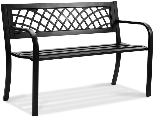 Main image of Outdoor Bench, 46" Iron Steel Frame Garden Park Bench with Mesh Pattern and Plastic Backrest Armrests, Patio Bench for Garden, Park, Yard, Front Porch