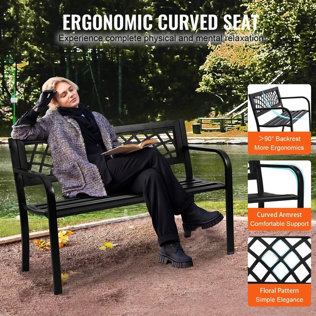 Alt view image 3 of 7 - Outdoor Bench, 46" Iron Steel Frame Garden Park Bench with Mesh Pattern and Plastic Backrest Armrests, Patio Bench for Garden, Park, Yard, Front Porch