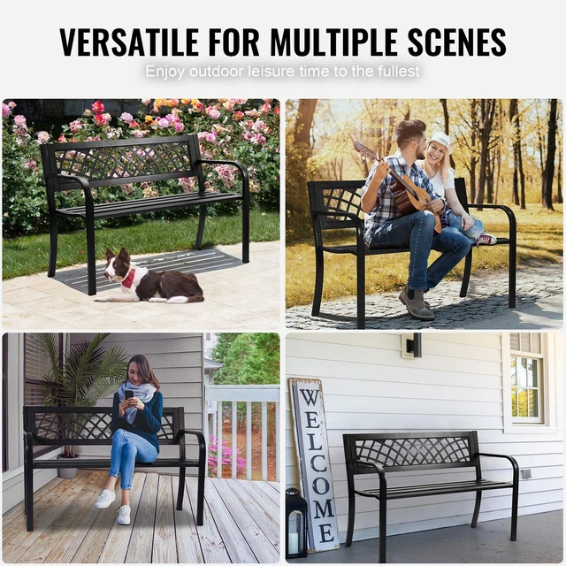 Alt view image 5 of 7 - Outdoor Bench, 46" Iron Steel Frame Garden Park Bench with Mesh Pattern and Plastic Backrest Armrests, Patio Bench for Garden, Park, Yard, Front Porch