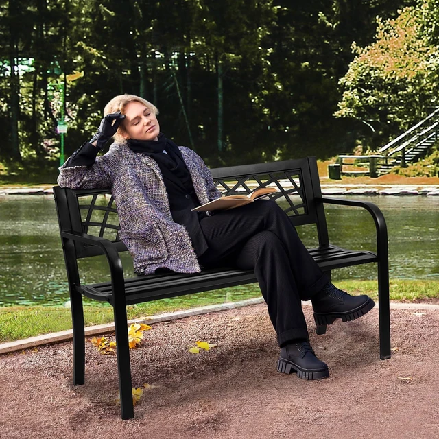 Alt view image 7 of 7 - Outdoor Bench, 46" Iron Steel Frame Garden Park Bench with Mesh Pattern and Plastic Backrest Armrests, Patio Bench for Garden, Park, Yard, Front Porch