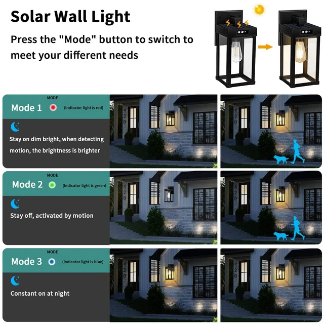 Alt view image 3 of 6 - Solar Wall Lights Outdoor with Motion Sensor, 3 Modes, Dusk to Dawn | Waterproof Solar Porch Light with Clear Panel for Garage Porch Yard Front Door 5.8 x 5.8 x 13.58 in