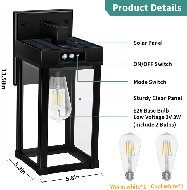 Alt view image 6 of 6 - Solar Wall Lights Outdoor with Motion Sensor, 3 Modes, Dusk to Dawn | Waterproof Solar Porch Light with Clear Panel for Garage Porch Yard Front Door 5.8 x 5.8 x 13.58 in