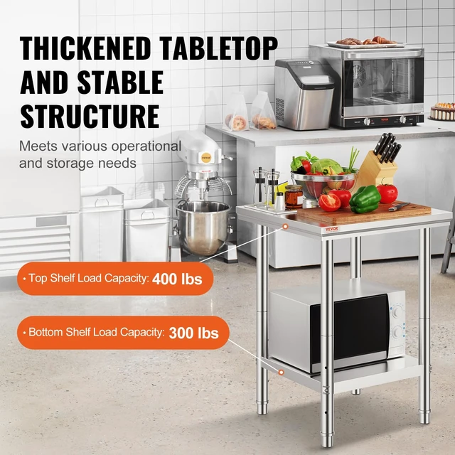 Alt view image 2 of 7 - Stainless Steel 24 x 24 x 32 Inch Commercial Kitchen Prep Work Table | for Restaurant, Home and Hotel, 700 lbs Load Capacity Heavy Duty Metal Food Table, with Adjustable Feet & 3 Height Levels