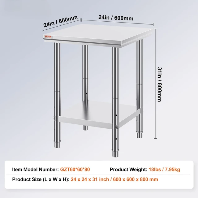 Alt view image 6 of 7 - Stainless Steel 24 x 24 x 32 Inch Commercial Kitchen Prep Work Table | for Restaurant, Home and Hotel, 700 lbs Load Capacity Heavy Duty Metal Food Table, with Adjustable Feet & 3 Height Levels