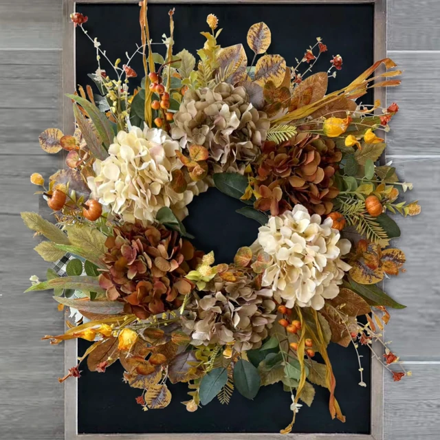 Alt view image 2 of 7 - 24 Inch Fall Wreaths for Front Door with Hydrangea,Mini Pumpkins | Twig Base Rustic Autumn Wreath,Thanksgiving Farmhouse Decor, Fall Decorations For Home, Indoor Outdoor Halloween Harvest Gift
