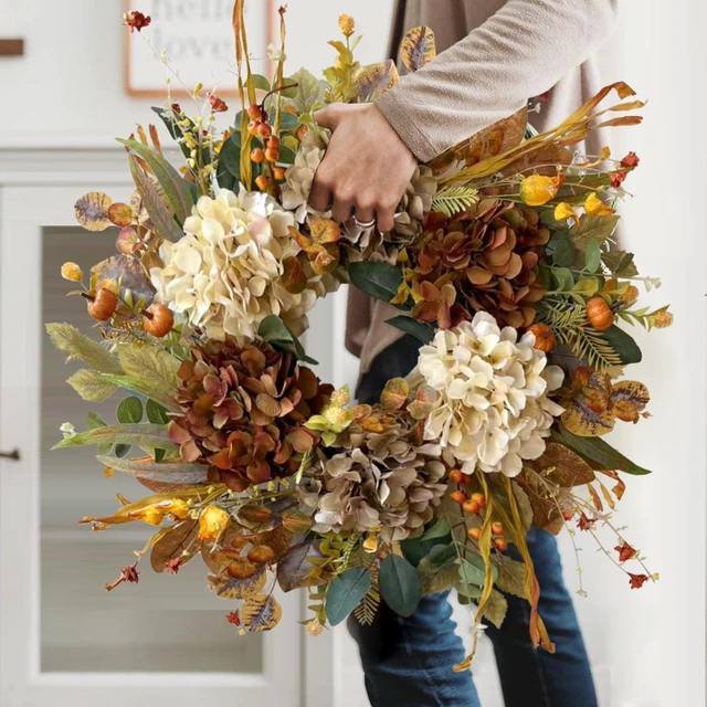 Alt view image 4 of 7 - 24 Inch Fall Wreaths for Front Door with Hydrangea,Mini Pumpkins | Twig Base Rustic Autumn Wreath,Thanksgiving Farmhouse Decor, Fall Decorations For Home, Indoor Outdoor Halloween Harvest Gift