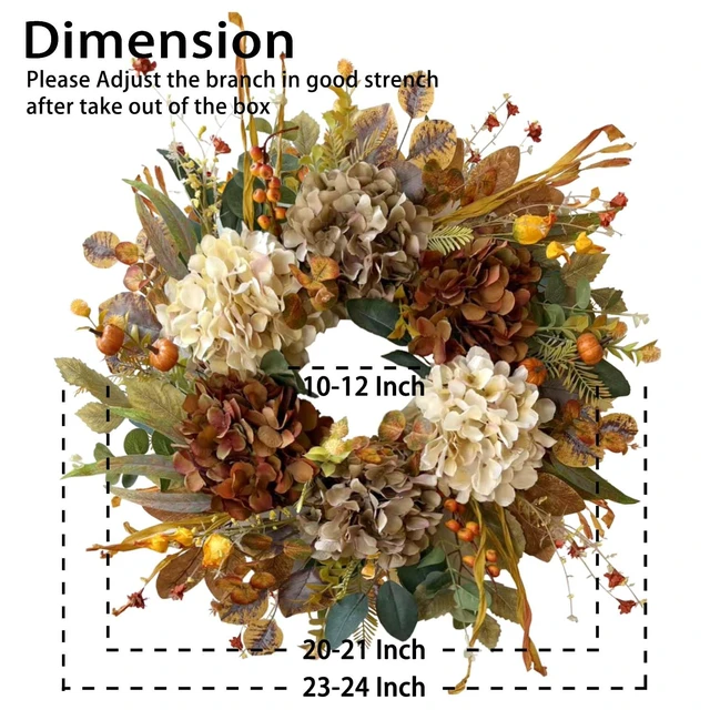 Alt view image 3 of 7 - 24 Inch Fall Wreaths for Front Door with Hydrangea,Mini Pumpkins | Twig Base Rustic Autumn Wreath,Thanksgiving Farmhouse Decor, Fall Decorations For Home, Indoor Outdoor Halloween Harvest Gift