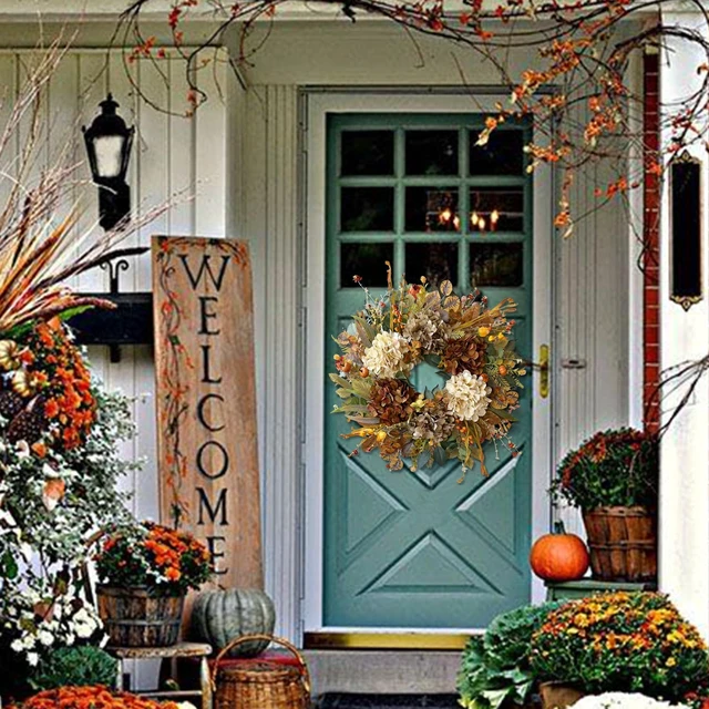 Alt view image 6 of 7 - 24 Inch Fall Wreaths for Front Door with Hydrangea,Mini Pumpkins | Twig Base Rustic Autumn Wreath,Thanksgiving Farmhouse Decor, Fall Decorations For Home, Indoor Outdoor Halloween Harvest Gift