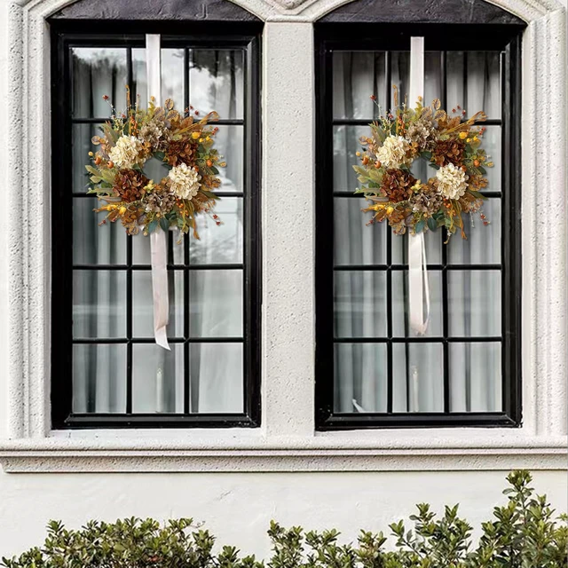 Alt view image 7 of 7 - 24 Inch Fall Wreaths for Front Door with Hydrangea,Mini Pumpkins | Twig Base Rustic Autumn Wreath,Thanksgiving Farmhouse Decor, Fall Decorations For Home, Indoor Outdoor Halloween Harvest Gift