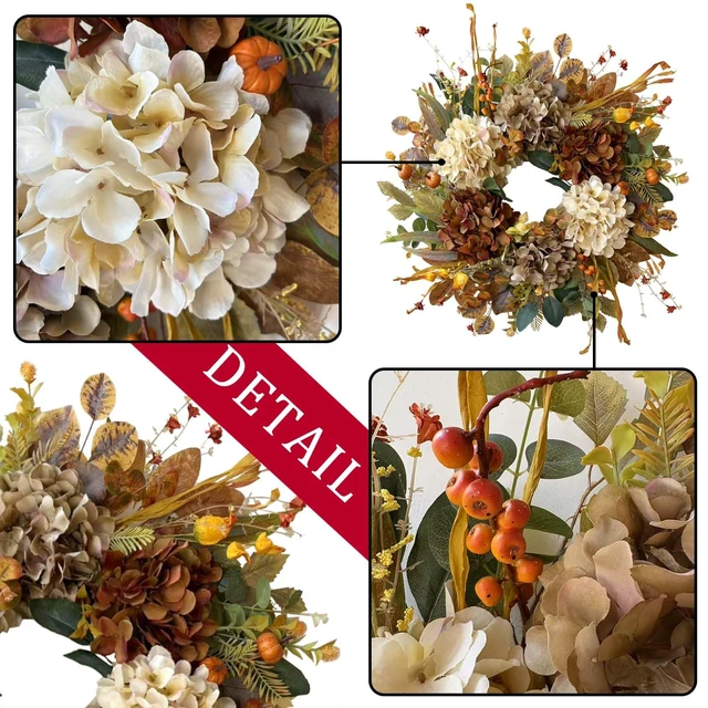 Alt view image 5 of 7 - 24 Inch Fall Wreaths for Front Door with Hydrangea,Mini Pumpkins | Twig Base Rustic Autumn Wreath,Thanksgiving Farmhouse Decor, Fall Decorations For Home, Indoor Outdoor Halloween Harvest Gift