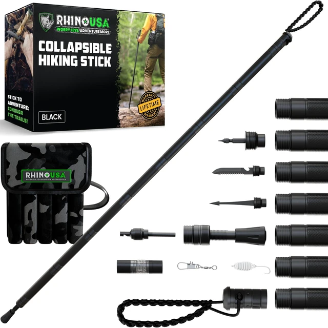 Main image of Tactical Hiking Stick w/ Survival Kit - Walking Staff for Camping | Compass & Fire Starter Built In. Tactical Multi-Use Staff for Hiking, Camping, Hunting & Backpacking. Black
