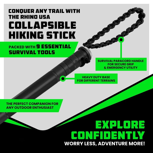Alt view image 2 of 7 - Tactical Hiking Stick w/ Survival Kit - Walking Staff for Camping | Compass & Fire Starter Built In. Tactical Multi-Use Staff for Hiking, Camping, Hunting & Backpacking. Black