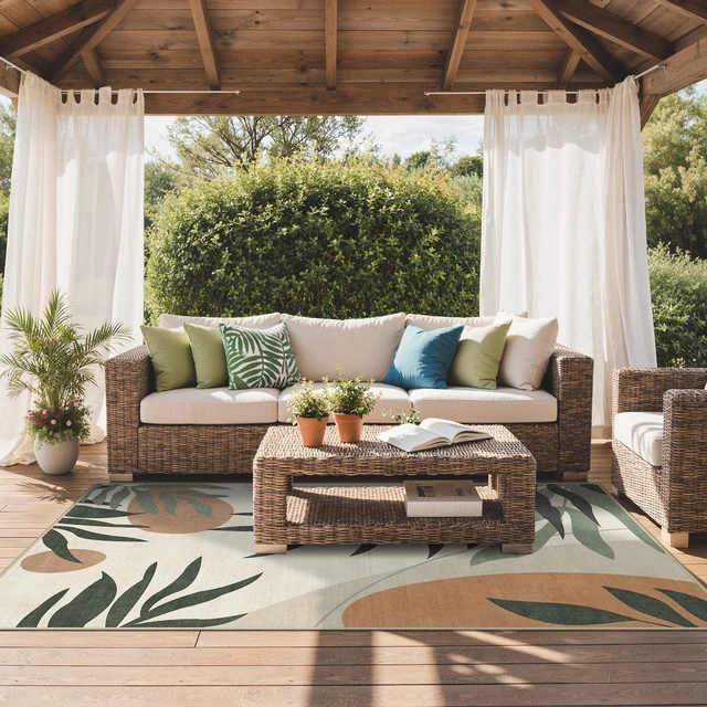 Alt view image 2 of 7 - 5x8 Outdoor Rug, Washable for Patio and Deck, Beige Olive | Botanical leaf design for porch; fade resistant chenille with quick-dry non-slip backing for indoor sunroom.
