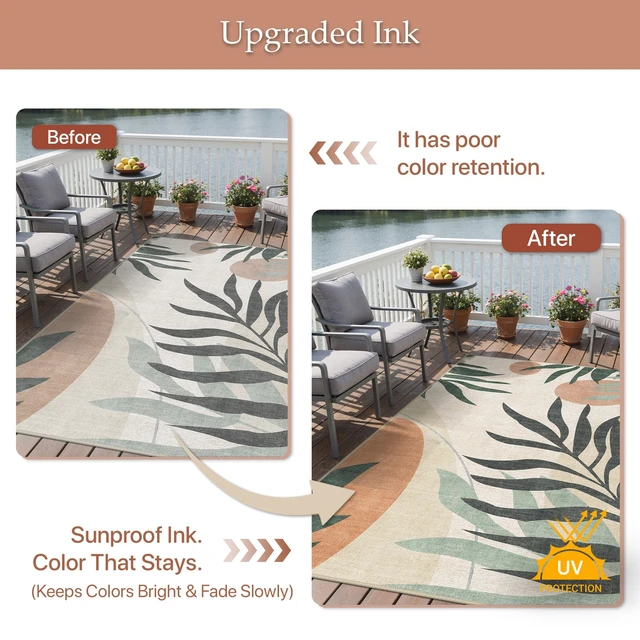 Alt view image 4 of 7 - 5x8 Outdoor Rug, Washable for Patio and Deck, Beige Olive | Botanical leaf design for porch; fade resistant chenille with quick-dry non-slip backing for indoor sunroom.