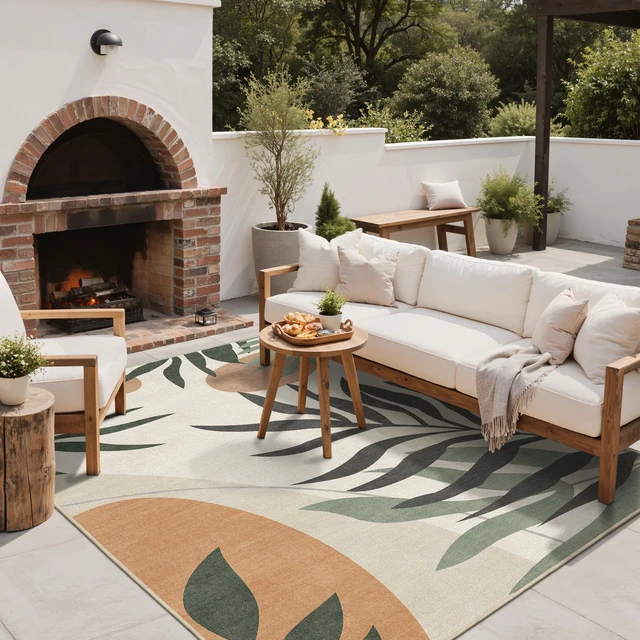 Alt view image 6 of 7 - 5x8 Outdoor Rug, Washable for Patio and Deck, Beige Olive | Botanical leaf design for porch; fade resistant chenille with quick-dry non-slip backing for indoor sunroom.