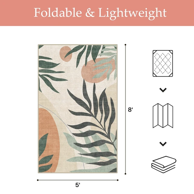 Alt view image 5 of 7 - 5x8 Outdoor Rug, Washable for Patio and Deck, Beige Olive | Botanical leaf design for porch; fade resistant chenille with quick-dry non-slip backing for indoor sunroom.