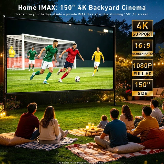 Alt view image 2 of 6 - 150 inch Projector Screen with Stand, 16:9 4K HD Portable Outdoor Movie Screen, Wrinkle-Free Foldable Indoor Projection Screen with Carry Bag & Ground Nails for Backyard Cinema Home Theater