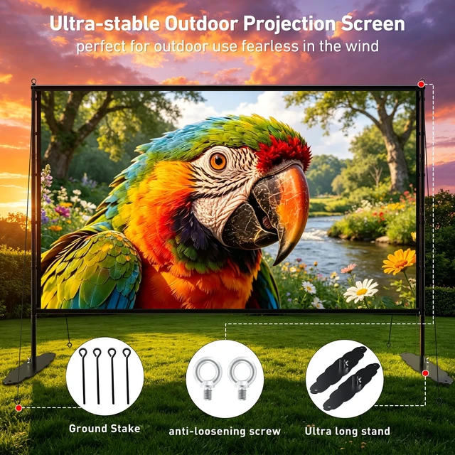 Alt view image 3 of 6 - 150 inch Projector Screen with Stand, 16:9 4K HD Portable Outdoor Movie Screen, Wrinkle-Free Foldable Indoor Projection Screen with Carry Bag & Ground Nails for Backyard Cinema Home Theater
