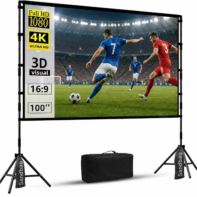 Main image of Projector Screen with Stand, 100 inch Outdoor Projector Screen Portable Indoor Projection Screen 16:9 4K Rear Front Movie Screen with Carry Bag for Home Backyard Theater 100 inch