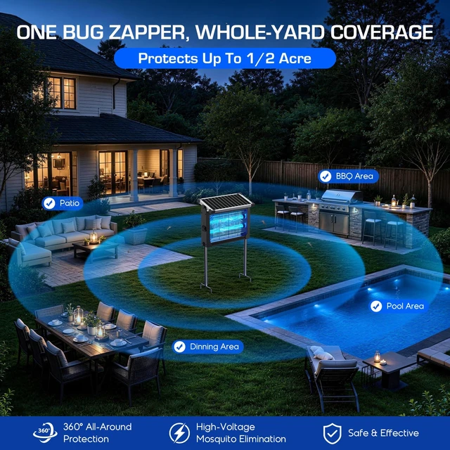Alt view image 4 of 7 - Solar Bug Zapper Outdoor, 4500V Cordless Mosquito Zapper with Solar Power | Smart Light Sensor, Solar & USB Rechargeable, IPX5 Waterproof Insect Killer For Patio, Garden, Backyard, Camping And Indoor