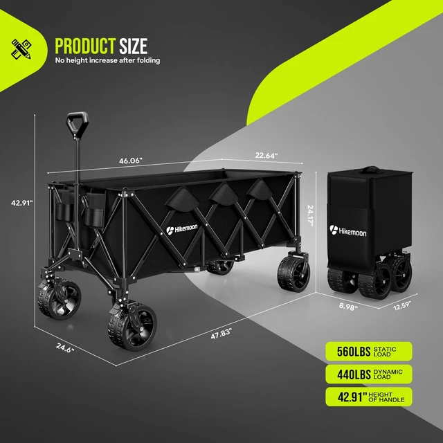 Alt view image 3 of 7 - 48'' Extra Large Collapsible Wagon with Big Wheels, 300L Black | 560LBS Heavy Duty, Wagons Carts Foldable, All-Terrain, Brakes, Folding Cart, Utility for Beach/Camping/Garden/Sports/Grocery